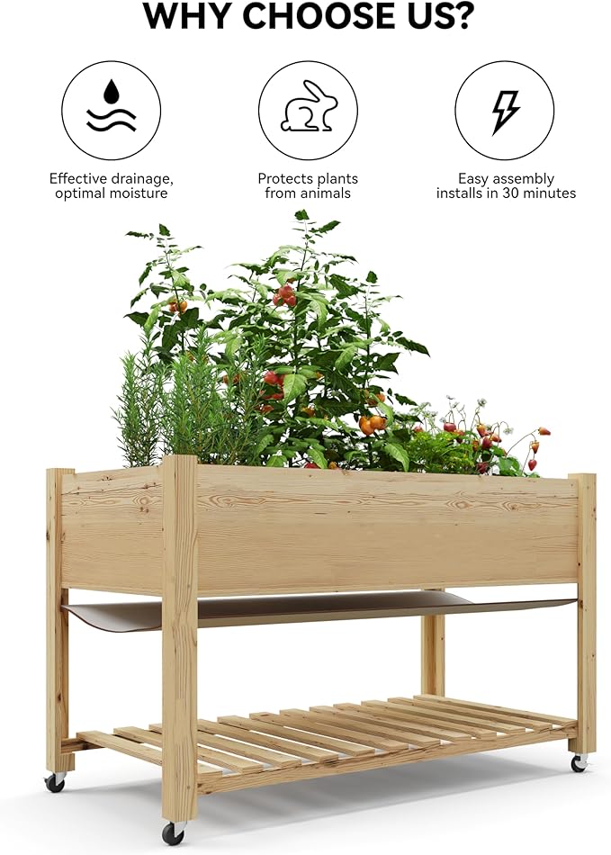 GarveeHome Raised Garden Bed 48x24x32 in Mobile Elevated Wood Planter Raised Beds w/Lockable Wheels, Storage Shelf, and Protective Liner for Indoor/Outdoor Gardening,Natural