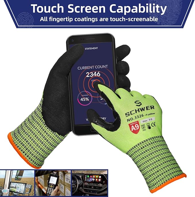 Schwer ProGuard Highest Level Cut Resistant Work Gloves PR3326 for Extreme Protection，ANSI A9 Cut Gloves with Reinforced Thumb, Non Slip, Breathable, Durable, Touch-screen, Yellow1 Pair（S）