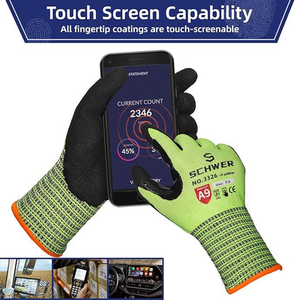 Schwer ProGuard Highest Level Cut Resistant Work Gloves PR3326 for Extreme Protection，ANSI A9 Cut Gloves with Reinforced Thumb, Non Slip, Breathable, Durable, Touch-screen, Yellow1 Pair（S）