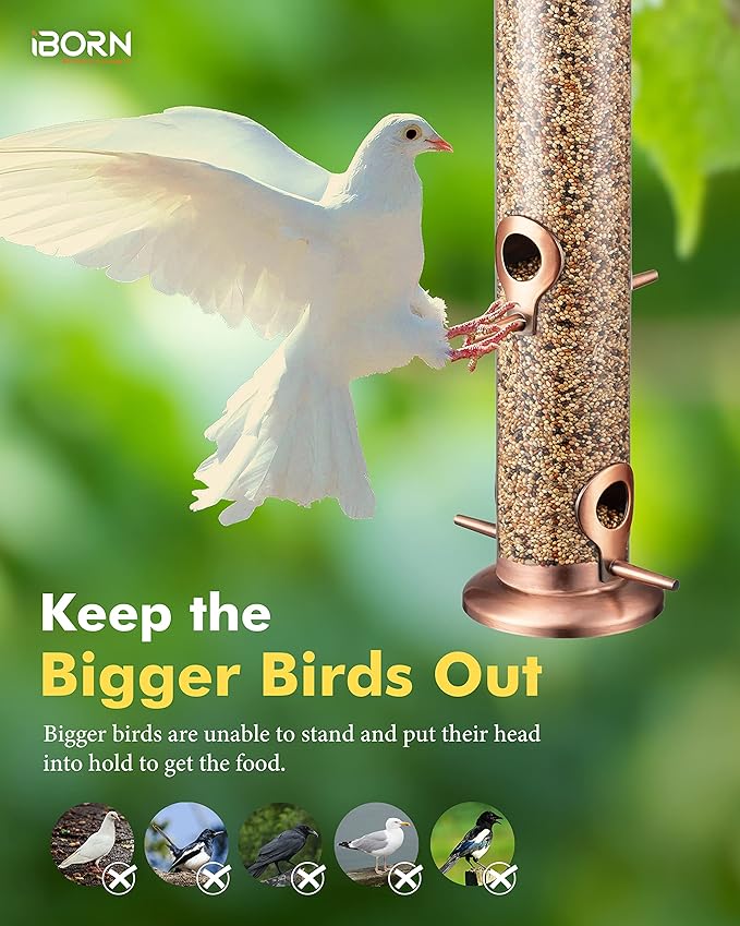 iBorn Metal Bird Feeders Metal Bird Feeder Copper for Outdoors Hanging All Copper Finishing 15 Inch 4Port(Seed is not Included)