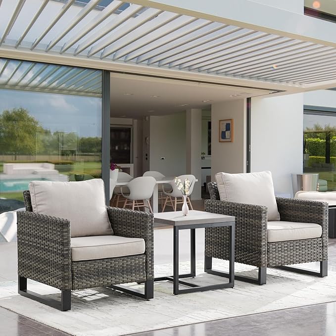 Rilyson Wicker Outdoor Patio Chairs Set - 3 Piece Rattan Patio Furniture Bistro Chairs Set with Waterproof Wicker,Comfortable Cushions and Sturdy Metal Frame for Porch Deck Backyard(Mixed Grey/Beige)