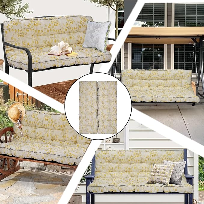 Porch Swing Cushion Three Seat, Waterproof Swing Cushions Replacement with Backrest, Outdoor Garden Furniture Patio 4" Thickened Cushions with Ties (Yellow Leaves, 40 x 63in)