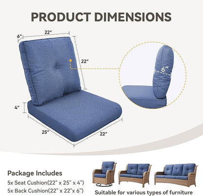 Patio Cushions for Outdoor Furniture - 22" x 25" x 4" UV Resistant Thick Foam Cushions Water Resistant Replacement Cushion for Outdoor Patio Furniture Chair/Sofa/Couch | Blue | 5-Pack |