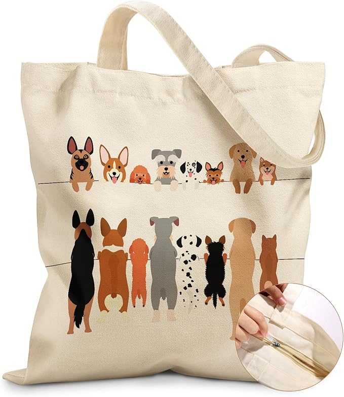 Miss Adola Canvas Tote Bag for Women – Aesthetic Canvas Bag with Zipper Cute Stylish Reusable Shoulder Totes for Shopping Work Daily Vacation, Multi Puppies