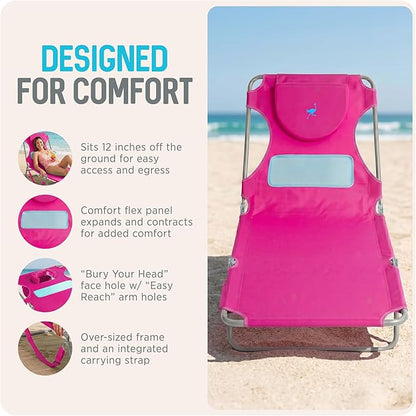 Ostrich the Ladies Comfort Lounger with Chest Support, Foldable and Portable Reclining Outdoor Patio Beach Lawn Camping Pool Tanning Chair, Pink