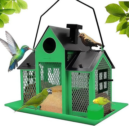Solar Bird Feeders House for Outside Hanging, Metal Wild Bird Feeder for Outdoors Large Capacity Cardinal Birdfeeder Birdhouses Metal Bird Feeding Station Green