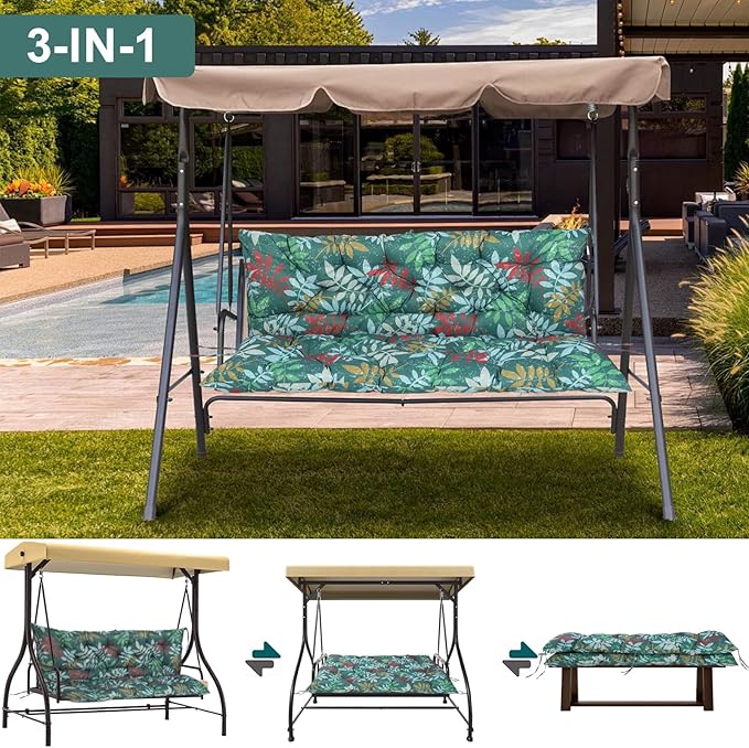 Outdoor Swing Cushions 3 Seater Waterproof, Replacement Bench Cushions for Outdoor Patio Furniture with Backrest, Porch Swing Cushion with Ties for Lawn and Garden (Green Flowers, 40x40in)
