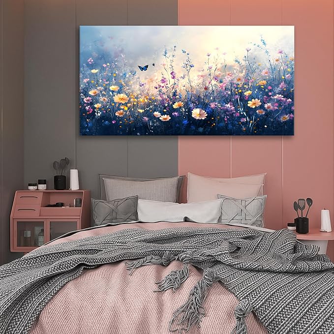 JLXART Canvas Wall Art Colorful Wildflower With Butterflies Wall Decor Purple and Yellow Poppy Floral Artwork Flowers Prints Paintings for Living Room Home Decorations,20x40inch