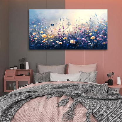 JLXART Canvas Wall Art Colorful Wildflower With Butterflies Wall Decor Purple and Yellow Poppy Floral Artwork Flowers Prints Paintings for Living Room Home Decorations,20x40inch