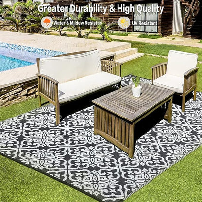 HUGEAR Outdoor Rug for Patios Clearance,Waterproof Mat,Large Outside Carpet,Reversible Plastic Straw Camping Rugs,Rv,Porch,Deck,Camper,Balcony,Backyard (5x8,Danica/Black&White)