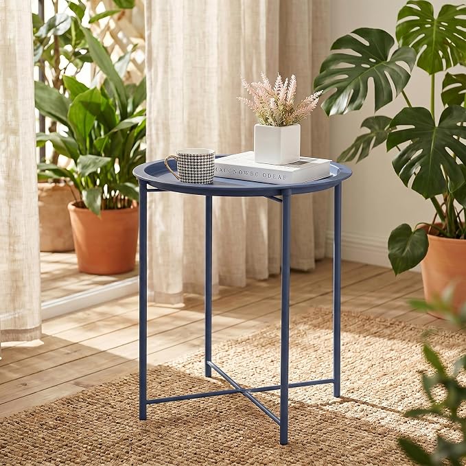 VECELO Side/End Table, Folding Round Metal Anti-Rust and Waterproof Outdoor or Indoor Tray for Living Room Bedroom Balcony and Office, 2 PCS, Blue