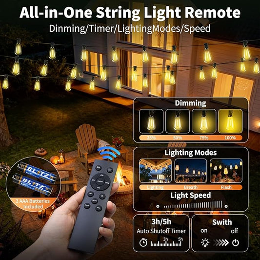 Solar Lights Outdoor Waterproof: ST38 100FT 30M Shatterproof Bulbs Patio Lights - Solar Powered & USB Charging- Remote Control 3 Light Modes Dimmable Solar Light - Camping Backyard Garden