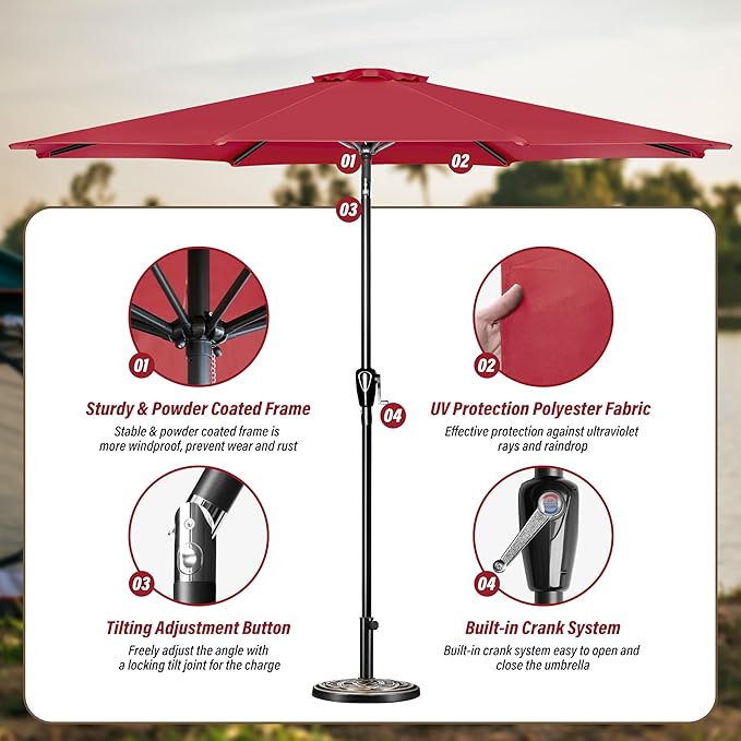 Simple Deluxe 10FT Outdoor Patio Umbrella Table Market Umbrella with Push Button Tilt and Crank, 8 Sturdy Ribs, UV Protection Waterproof for Garden, Lawn, Deck, Backyard, Pool, Red