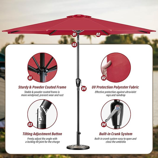 Simple Deluxe 10FT Outdoor Patio Umbrella Table Market Umbrella with Push Button Tilt and Crank, 8 Sturdy Ribs, UV Protection Waterproof for Garden, Lawn, Deck, Backyard, Pool, Red