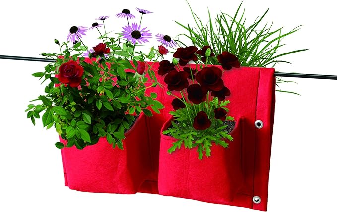 VegTrug Balcony Felt 4 Pocket Red x3 Rail Planter