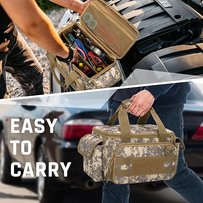 Rexmica Small Tool Bag with Anti-friction and Thick Padded Bottom, Tool Storage Organizer for Men, Tactical Range Bag, Multi-functional Work Bag for Repairman, Electrician, Carpenters (Camo)