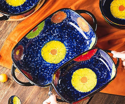 Vintage Style Pottery Bakeware Colorful Daisy Pattern Ceramic Casserole Dish Baking Pan Lasagna Pans Baking Dish with Handles from Oven to Table Plate-1 PCS, 22 OZ