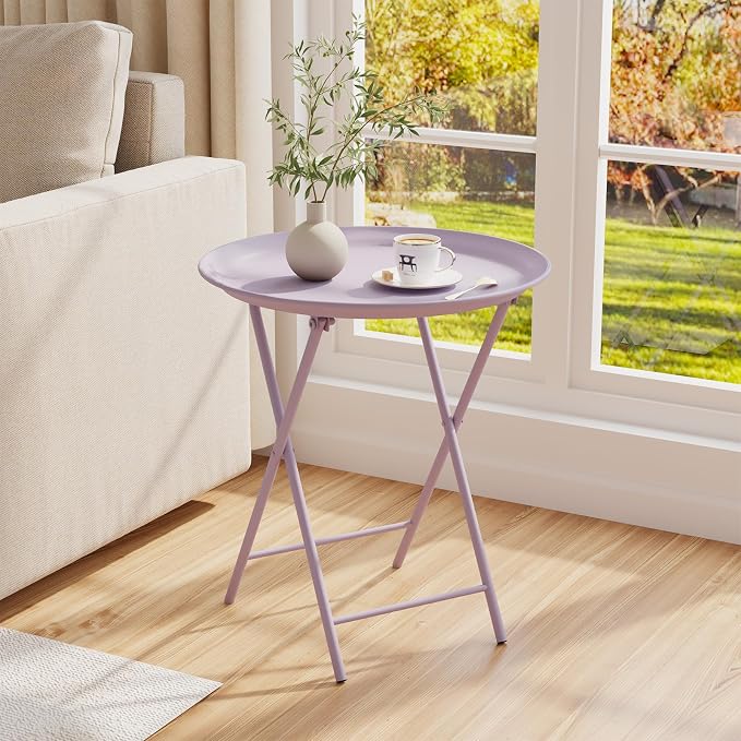 Garden 4 you Folding TV Tray Table, Metal Round Side Table, Purple Dinner Table with Metal Frame, Modern Outdoor Tray Table for Living Room, Bedroom, Patio & Small Spaces, 1 Pack