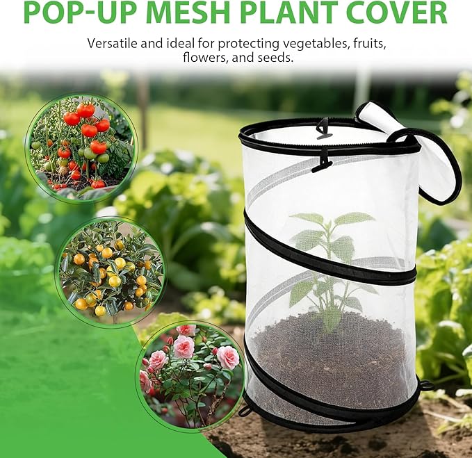 Hoypeyfiy 4 Pcs Pop Up Insect & Bird Barrier Plant Cover Net, 12"x24" Round Foldable Mesh Protector, Garden Cage Guard with Stakes & Carry Bag, Keep Animals & Birds Out for Vegetables and Flowers