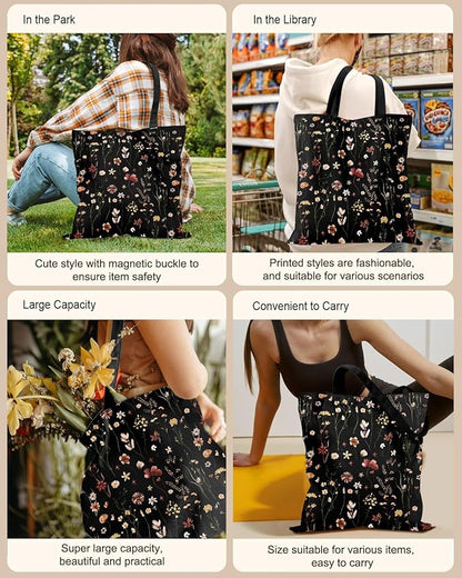 Miss Adola Canvas Tote Bag for Women – Aesthetic Canvas Bag with Zipper Cute Stylish Reusable Shoulder Totes for Shopping Work Daily Vacation, Black Grow Flower