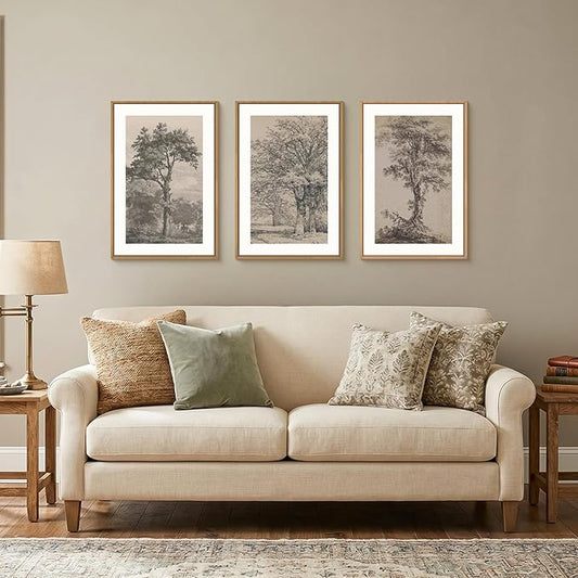 KAIRNE Vintage Tree Sketch Framed Canvas Wall Art Set, Antique Tree Drawings Wall Decor, Retro Forest Art Prints, Modern Nature Landscape Artwork for Living Room, Bedroom, Farmhouse, Office-16 x24 x3