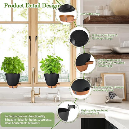 6 Inch Self Watering Pots for Indoor Plants(5-Pack) – Small Plastic Planters with Water Level Window, Drainage Holes & Detachable Trays, Indoor Outdoor Flower Pots for Herbs, Snake,Pothos(Black)
