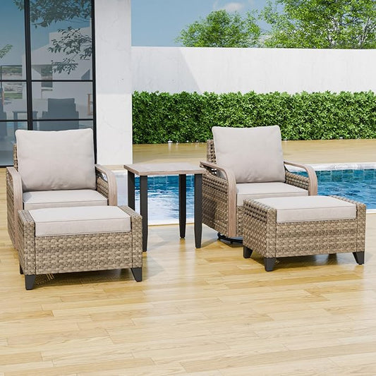 Modern Wicker Bistro Table and Chairs Set, Rattan Outdoor Bistro Set with Swivel Rocking Chairs, Ottomans & Table, 5 Pieces, Brown/Gray