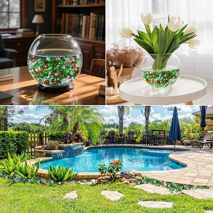 Skyflame 10-Pound Blended Fire Glass Beads for Fire Pit Fireplace Landscaping, 1/2-Inch High Luster Emerald Green, Crystal Ice, Caramel