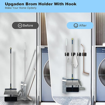 2 Pack Broom Holder Wall Mount, 304 Stainless Steel Mop Organizer with Hooks, No Drill Adhesive and Screw Installation, Rust Proof Storage Rack for Garage, Laundry, Garden, Black