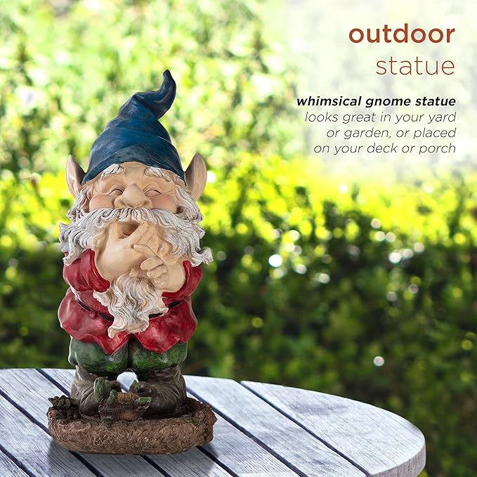 Alpine Corporation 15" Tall Outdoor Garden Gnome Smiling Yard Statue Decoration, Multicolor