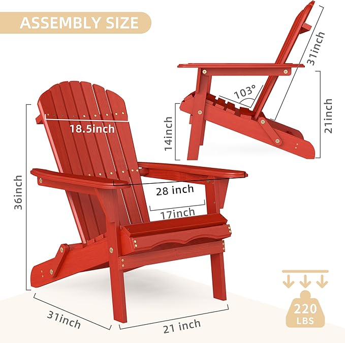 Outdoor Wooden Folding Adirondack Chair with Pre-Assembled BackRest & SeatBoard, Accent Furniture for Patio Backyard Garden Porch Deck Pool Firepit