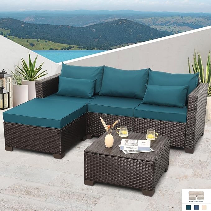 Outdoor Furniture Set 3 Pieces Outdoor Sectional Sofa Set Wicker Patio Furniture Outdoor Couch Outdoor Ottoman Coffee Table with Storage All-Weather Anti-Slip Cushions Waterproof Covers, Peacock Blue