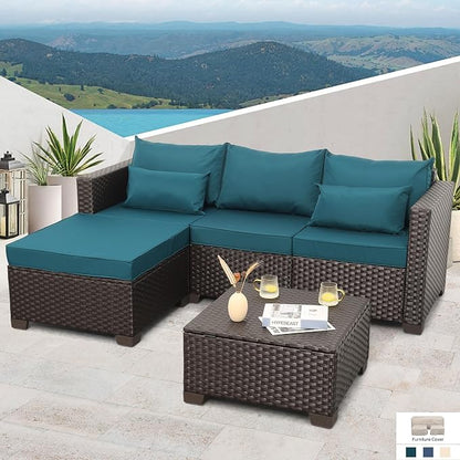 Outdoor Furniture Set 3 Pieces Outdoor Sectional Sofa Set Wicker Patio Furniture Outdoor Couch Outdoor Ottoman Coffee Table with Storage All-Weather Anti-Slip Cushions Waterproof Covers, Peacock Blue