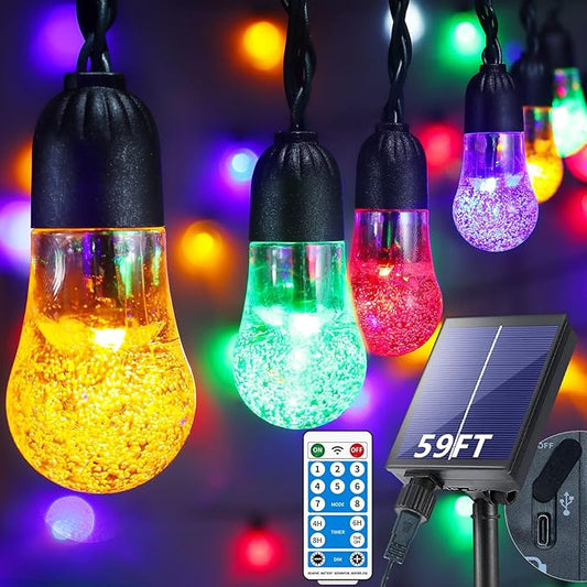 Solar String Lights Outdoor Waterproof - Upgrade 59Ft Pear-Style Multi Color Large Globe String Lights Solar Powered with Remote, Color Changing Solar Patio Lights for Outside Camping Tent Decor