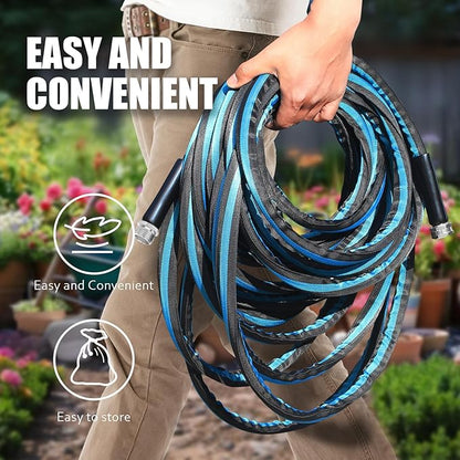 Non-Expanding Garden Hose 50ft – Flexible, Burst-Resistant, Anti-Kink, 10-Function Spray Nozzle, Lightweight & Durable for Outdoor Use(Blue）