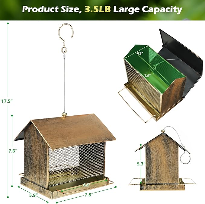 Bird Feeder, Large Capacity Bird Feeders for Outdoor Hanging Hold 4 LB Seed, Heavy Duty Metal Wild Birdfeeder with 2 Perches, Sturdy & Easy to Refill