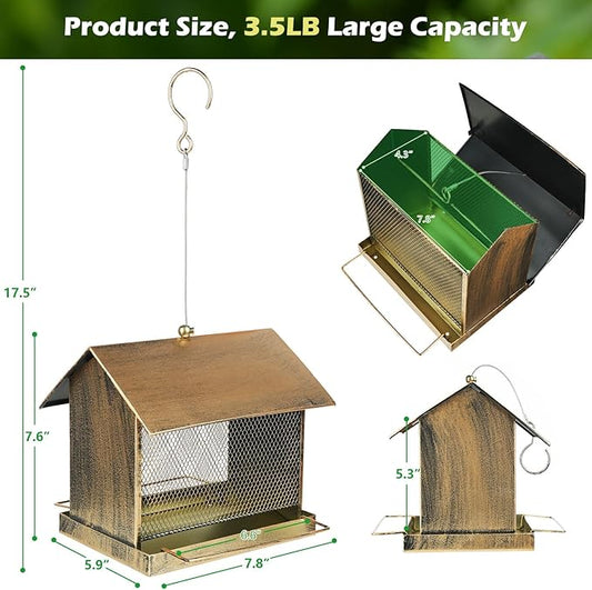 Bird Feeder, Large Capacity Bird Feeders for Outdoor Hanging Hold 4 LB Seed, Heavy Duty Metal Wild Birdfeeder with 2 Perches, Sturdy & Easy to Refill