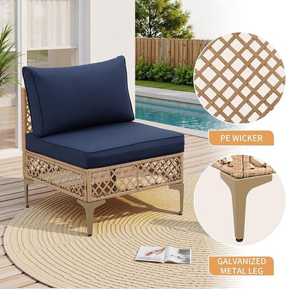FHFO 7 Piece Outdoor Wicker Patio Furniture Set, Rattan Sectional Sofa Couch, Patio Conversation Set with Cushion & Coffee Table, for Backyard Poolside Porch Garden, Yellow/Blue