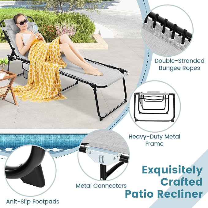 Goplus Chaise Lounge Chair Outdoor, Folding 5-Postion Beach Lounge Chair with Detachable Pillow, Side Pocket, Sunbathing Lounge Chair, Adjustable Tanning Chair for Patio Lawn Pool Yard