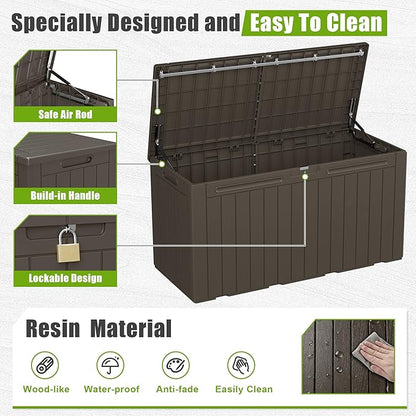 Flamaker Resin Deck Box 100 Gallon Large Lockable Outdoor Storage Box Waterproof Deck Chest for Patio Cushions, Garden Tools, Accessories (Deep Brown)