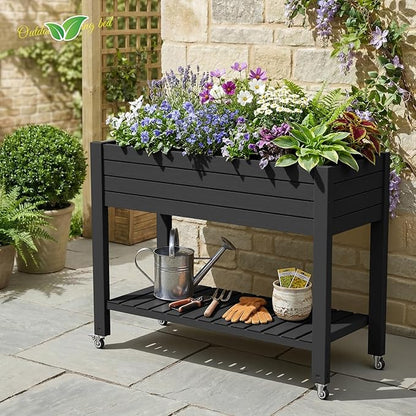 Vixzen Raised Garden Bed Outdoor,Reinforced Large Planter Box with Wheels & Storage Shelf,Mobile Planter Bed Box for Backyard, Patio, Balcony (Black, 21Gal（43.31"×17.72"×33.66"）)