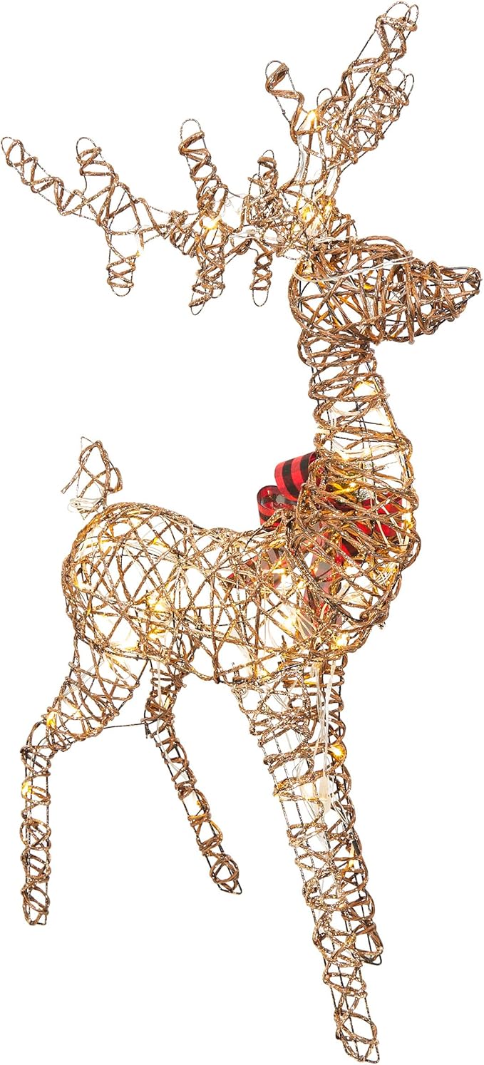 Alpine Corporation 49" Rattan Standing Reindeer Statues with Ribbon and LED Lights, Christmas Decor