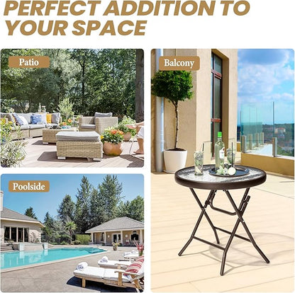 Foldable Patio Side Table Set of 2 with Tempered Glass Top 18" Folding Outdoor Side Tables Set of 2 Small Glass Patio End Tables for Porch Yard Balcony Deck Lawn Dining Garden (Brown)