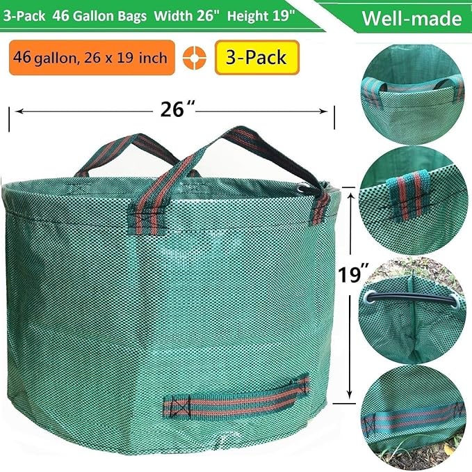 Standard 3-Pack 46 Gallon Lawn Garden Bags (D26,H19 in) Yard Waste Bags with Gardening Gloves for Leaf Bag,Yard Debris,Garden Trash Container,Camping Waste Bin,Lawn Weeds,Grass Clippings Bag 4 Handles
