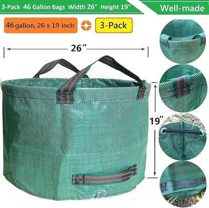 Standard 3-Pack 46 Gallon Lawn Garden Bags (D26,H19 in) Yard Waste Bags with Gardening Gloves for Leaf Bag,Yard Debris,Garden Trash Container,Camping Waste Bin,Lawn Weeds,Grass Clippings Bag 4 Handles
