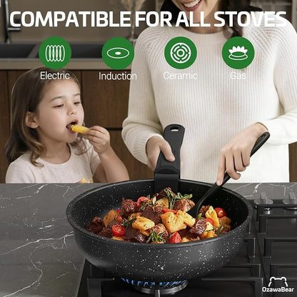 18 Pcs Pots and Pans Set Non Stick, Ceramic Cookware Set Non Toxic with Detachable Handles, Healthy Induction Cookware Oven Safe RV Kitchen Set, PFAS PFOA & PTFE Free, Black