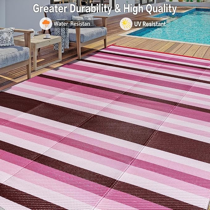 HUGEAR Outdoor Waterproof Rug 9'x12' Plastic Straw Rugs Washable Reversible Floor Mat Pink Stripe Carpet for Camping RV Deck Entryance Porch Picnic Balcony Beach Backyard