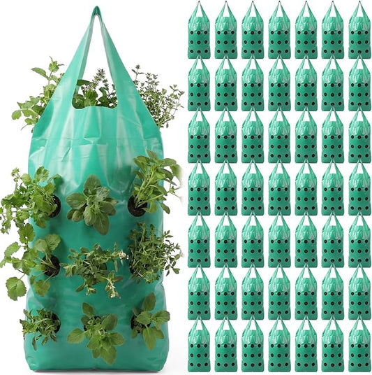 50 Pack Hanging Strawberry Planter Grow Bags, 9 Hole Plastic Hanging Vertical Planters, Upside Down Garden Bags with Reinforced Handles for Outdoor Wall Strawberries, Cherry, Tomatoes, Flowers, Tomato