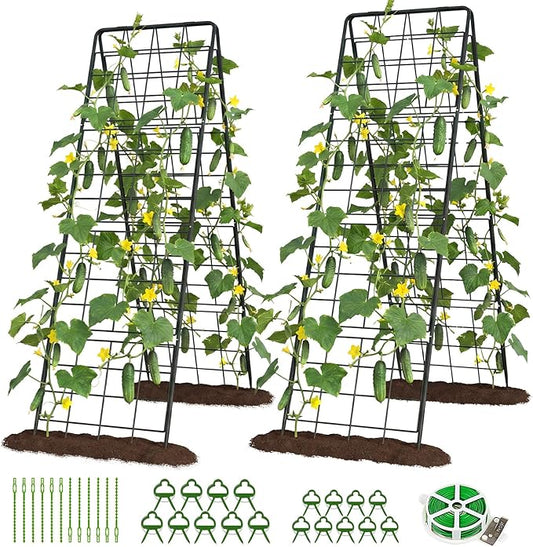 DoCred Cucumber Trellis, 71" H 2 Pack Metal Foldable Upgraded A Frame Garden Trellis for Raised Bed Climbing Plants, Vegetables, Including Plant Support Clips, Twist Ties, Plastic Ties, Black