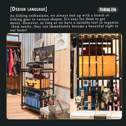 Fishing Rod Holders for Garage 3-Tier, Integrated structure extremely stable, Gear Storage for Up to 12 Rods with Hooks & Wheels, for Rod, Box, Reel Storage (6 hooks 6 reel rack 1 trays 4 wheels)